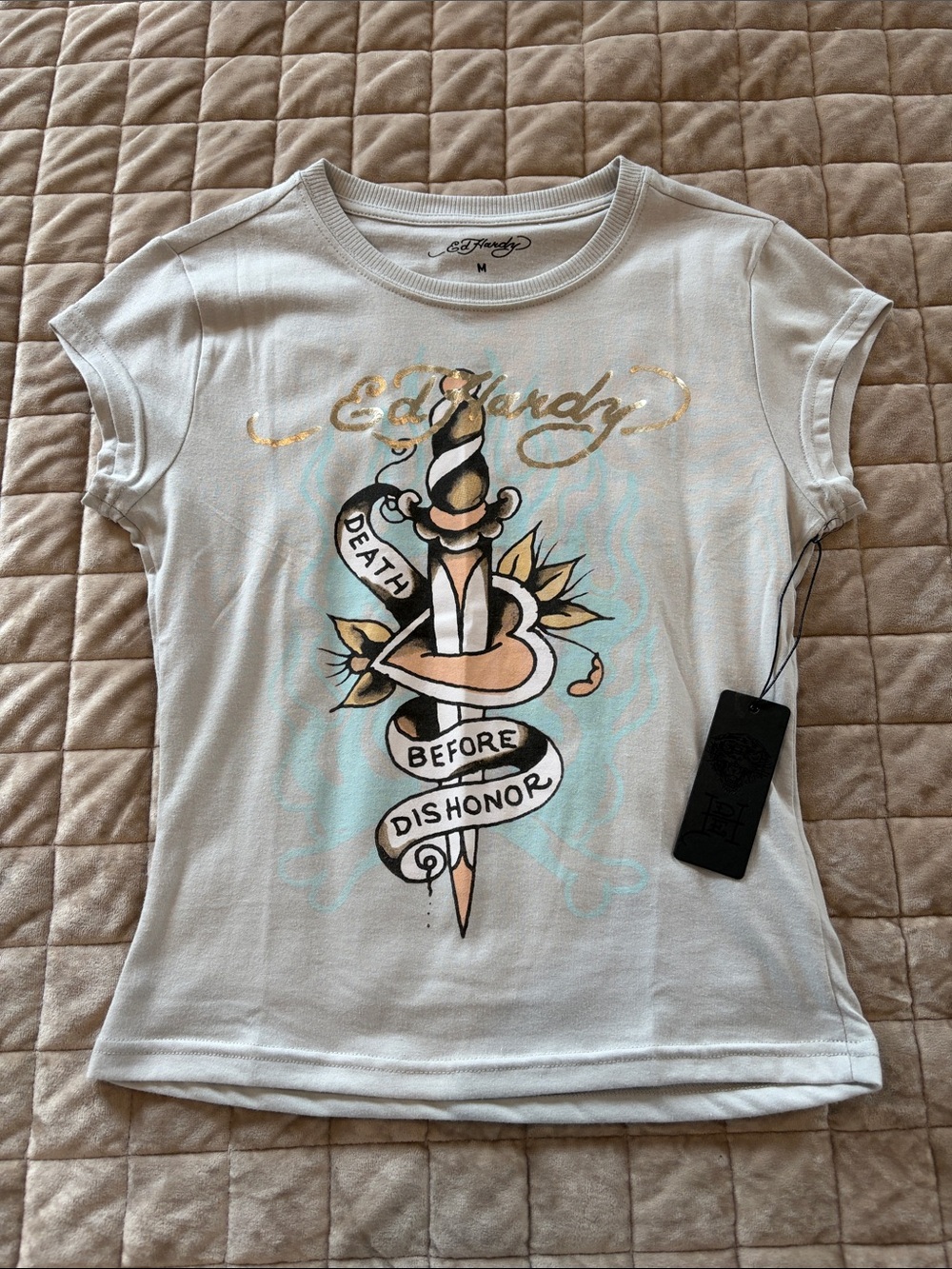 Ed Hardy White Tee with Gold Script and Pastel Tattoo Motif